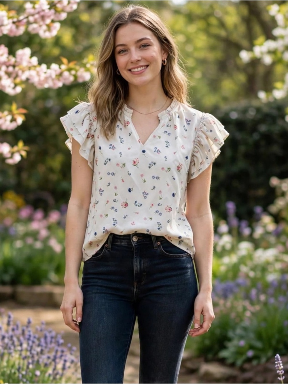 George Floral Blouse Womens L Flutter Sleeve Ruffle White Ditsy Flower Top